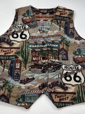 Vintage Route 66 Tapestry Vest Womens 4XL Western Travel Tourist Road Trip Retro